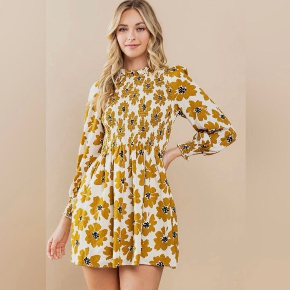 TCEC Floral Print Long Sleeve Mini Dress Yellow gold green Size Large casual